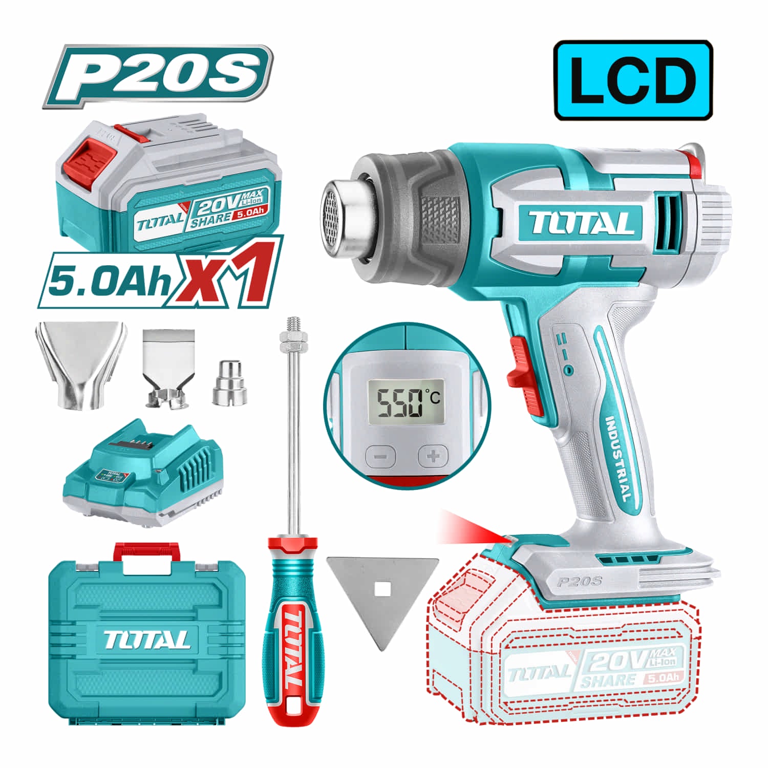 Pistola De Calor Inalámbrica. 20V. Temperatura 30-300℃/30-550°C. Pantalla LCD. Incluye Batería y Cargador y Accesorios. Blower aire