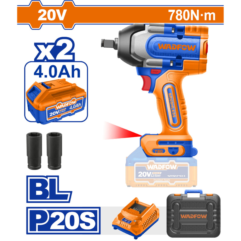 Llave Impacto Dado Cuadrado 1/2" 20V 780Nm. Motor sin escobillas. Incluye Batería 4.0Ah y cargador.