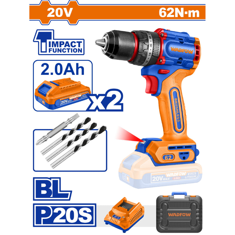 Drill Taladro Inalámbrico ½” 20V 62Nm 30,000bpm Motor sin escobillas. Incluye Batería 2.0Ah y Cargador.