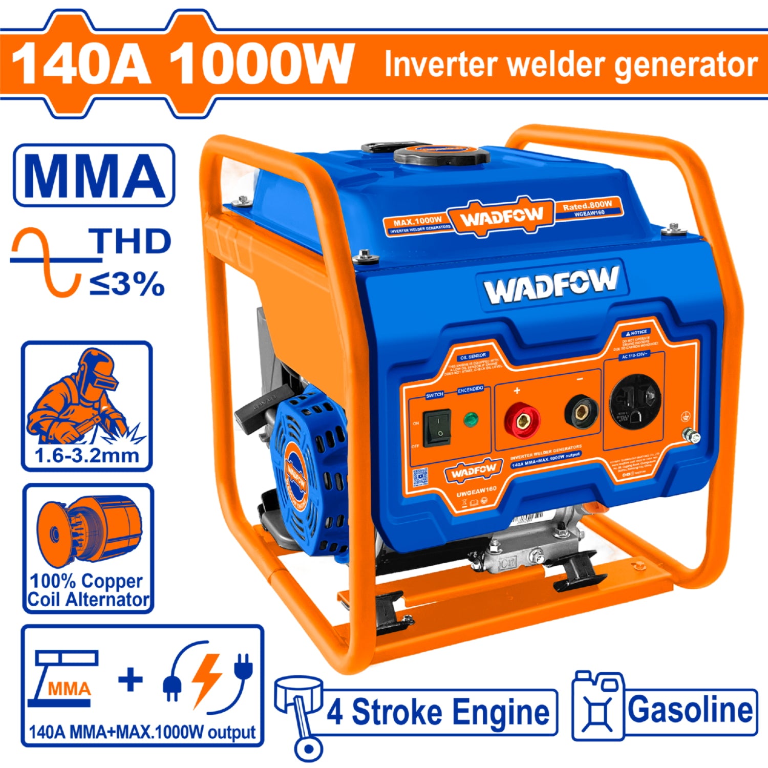 Motosoldadora Generador para Soldar Inverter 140A 1000W MMA Motor 4 tiempos. Capac 10L Encendido Cuerda. Planta. Motosoldador