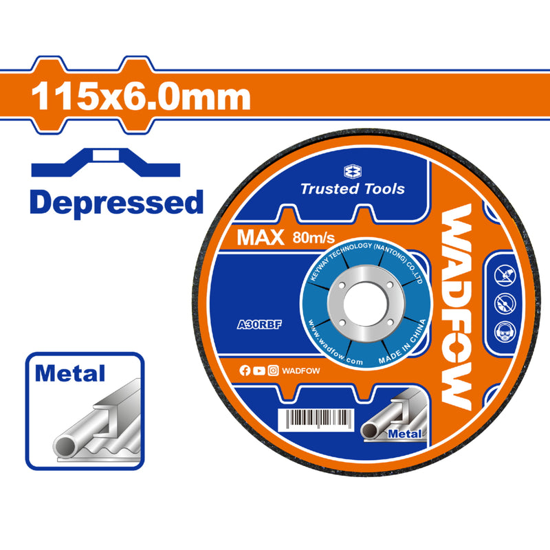 Disco abrasivo de molienda de metal 115 mm (4-1/2")X6.0mm (1/4")X22,2 mm (7/8") Centro deprimido Disco de molienda para metal RPM:13300r/min 20 piezas/caja de color de la pantalla Caja de