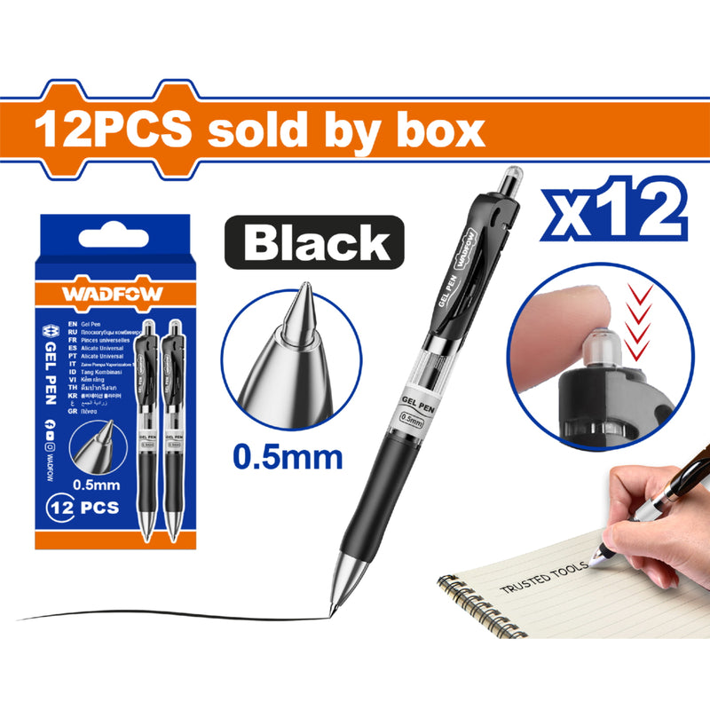 Bolígrafos de gel punta 0.5mm retráctil Negro Set de 12 pzas Agarre cómodo. Pluma gel.