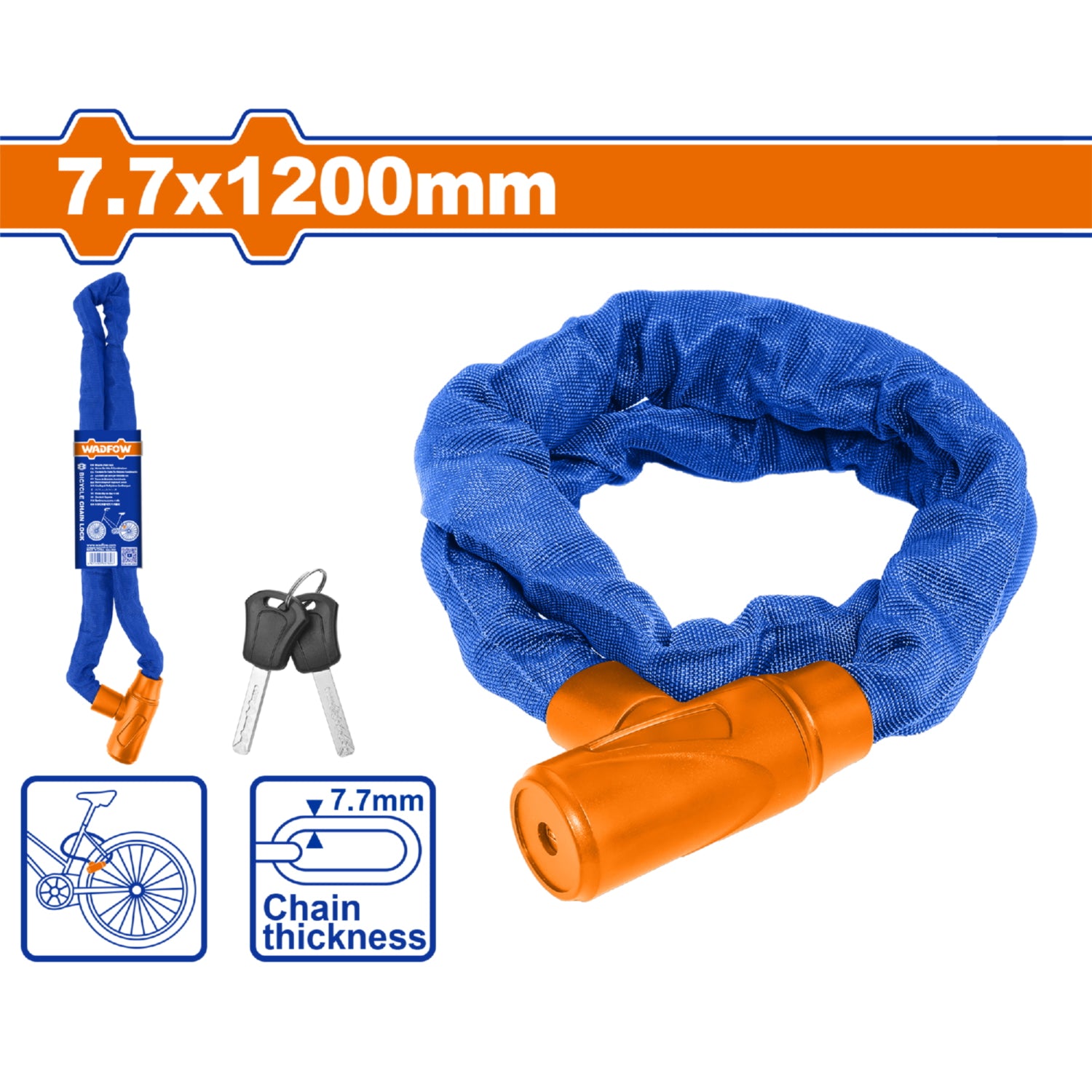 Candado de Cadena de Bicicleta 7.7X1200mm. Funda de Tela. Incluye 2 llaves.