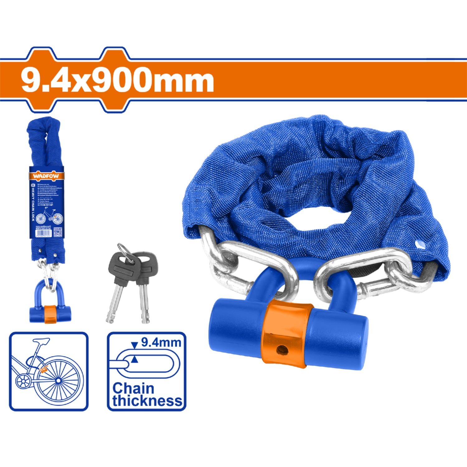 Candado de Cadena de Bicicleta 9.4x900mm. Funda de Tela. Incluye 2 llaves. Tapa antipolvo.