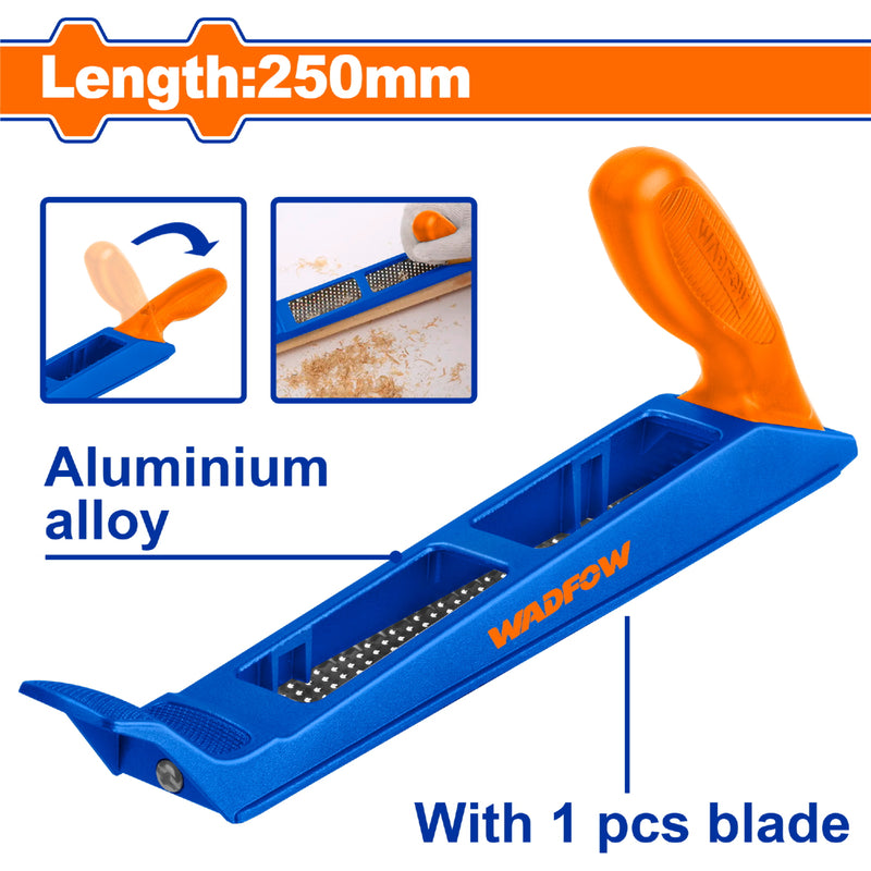 Cepillo de Madera de 250mm Aleación de Aluminio Ligero Mango de Plástico ABS. Plano Surform.