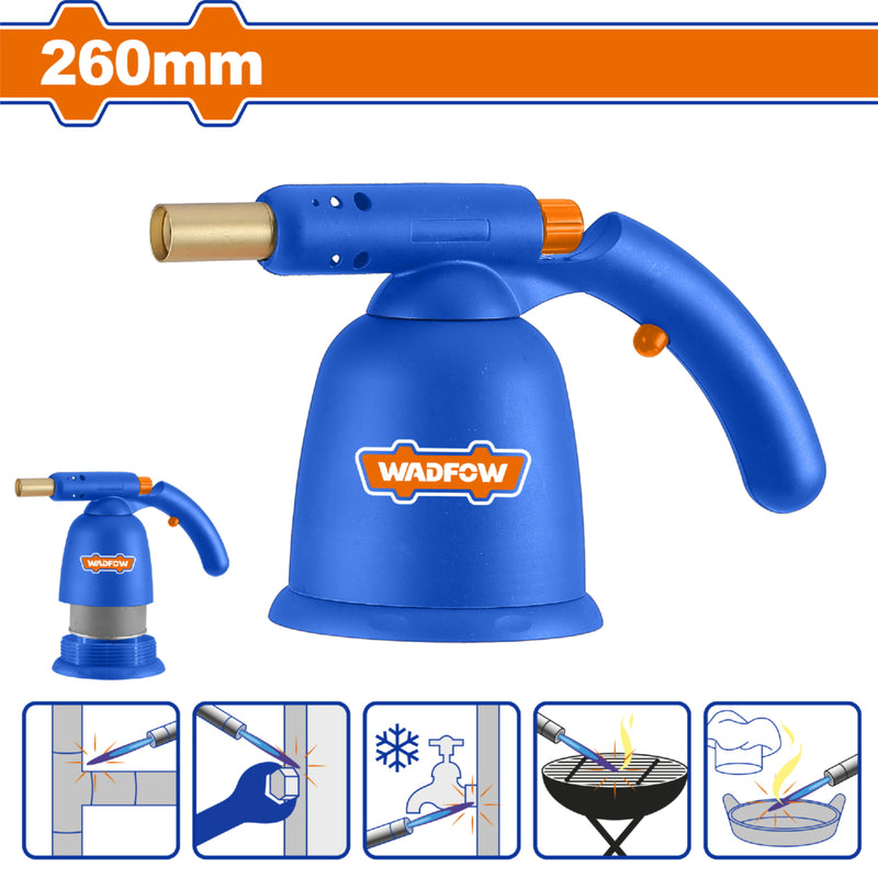 Soplete antorcha a Gas Butano 260mm. Encendido automático.Consumo de gas 108 g/h Uso doméstico. No trae gas.