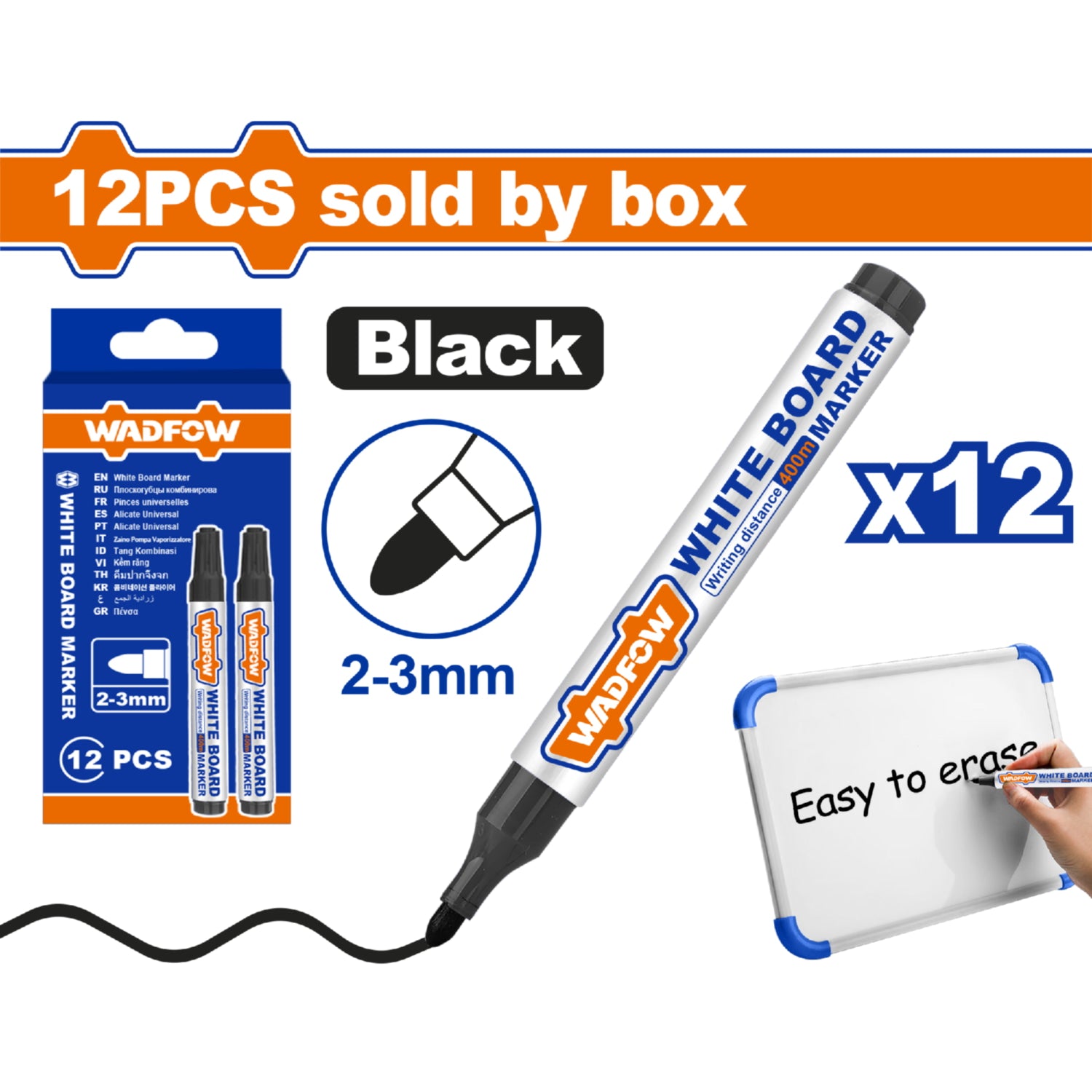 Marcadores para tablero punta biselada 2-3mm Negro Set 12 pzas. Borra fácil. Rotulador pizarra Piloto Plumon