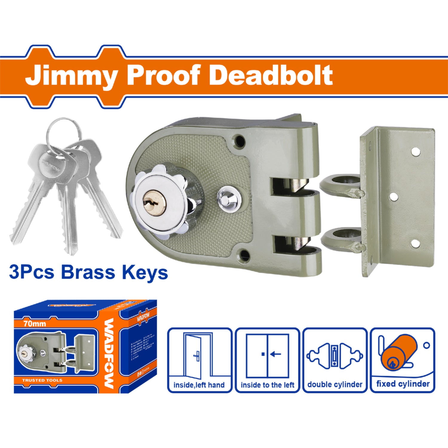 Cerradura de sobreponer garra de tigre de lado izquierdo tipo fijo con 3 llaves. No soldable. (en blister)