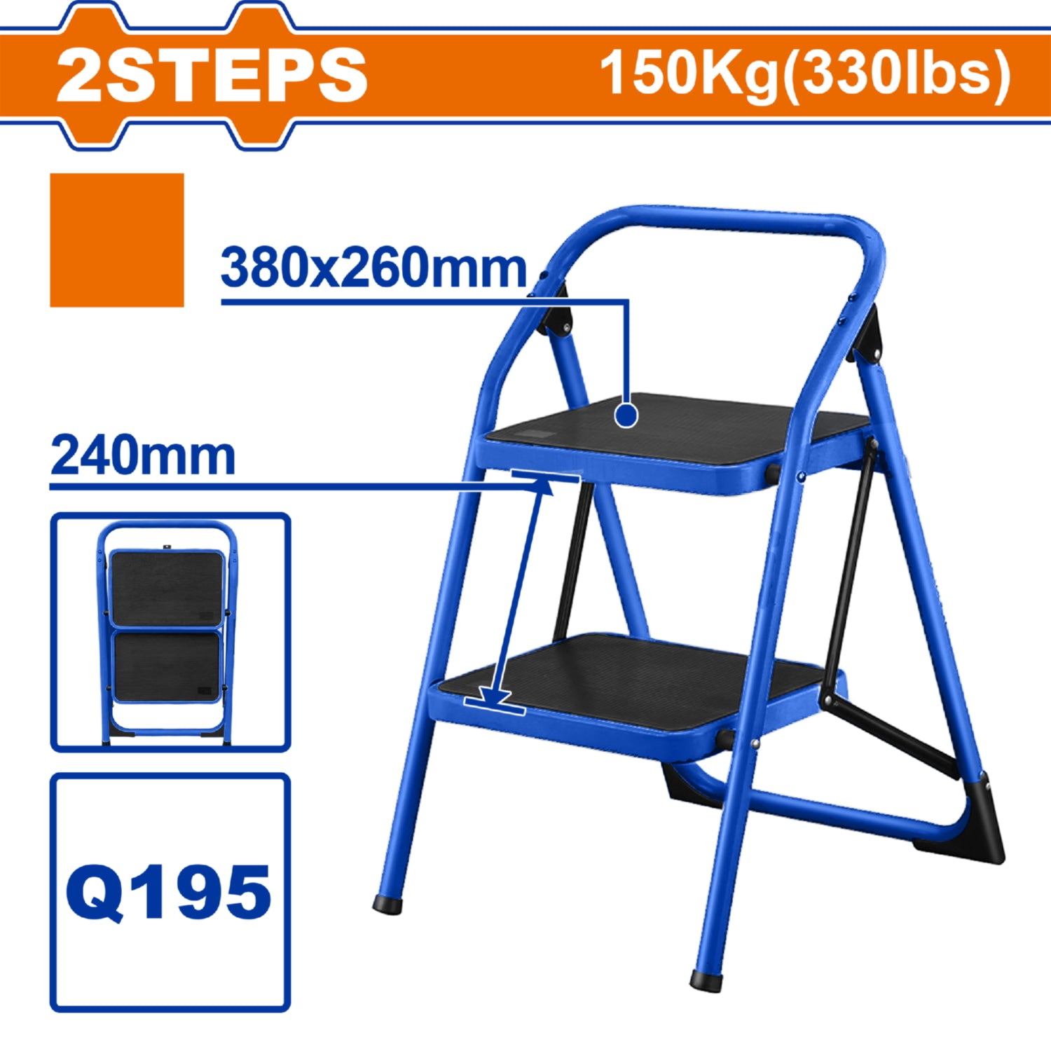Escalera antideslizante 2 peldaños Carga Máxima 150kg Acero Altura entre peldaños 240mm Escalera banco