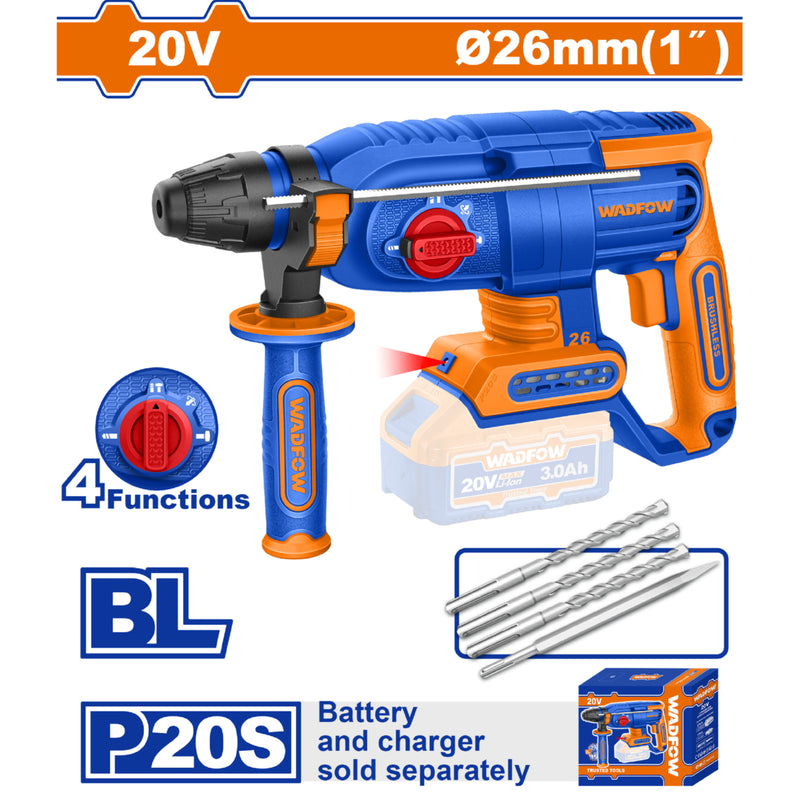 Taladro Rotomartillo 20V. Motor sin escobillas. Perfora concreto: 26mm. Batería y cargador por separado.