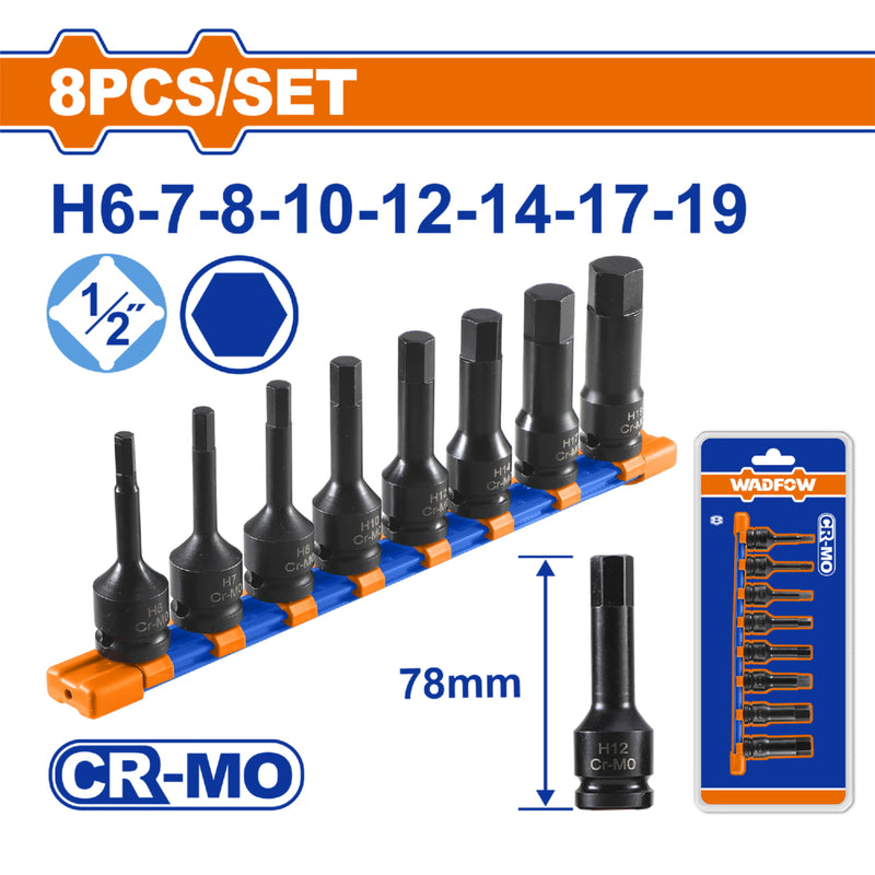Dados de Impacto Hexagonales ½” Long 78mm Cr-Mo Térmico. Set 8 piezas.