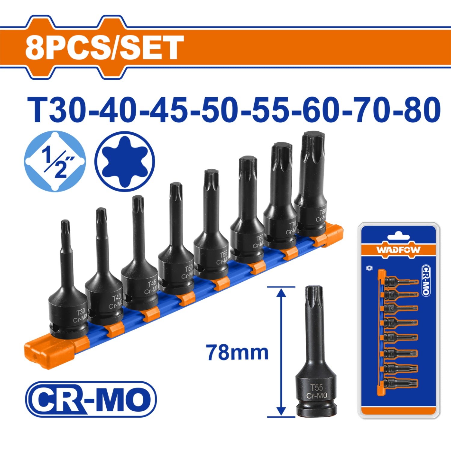 Dados de Impacto Torx ½” Long 78mm Cr-Mo Térmico. Set 8 piezas.