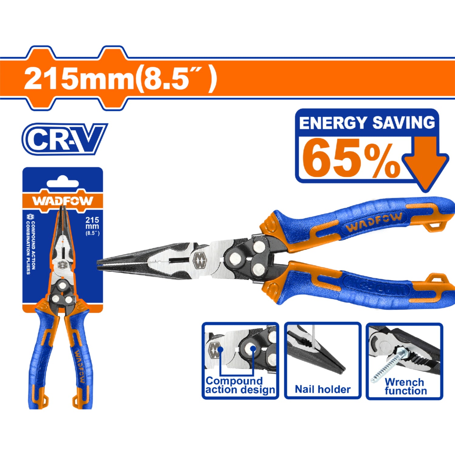 Alicate de punta larga de acción compuesta 8.5” Cr-V. 65% ahorro de energía. Mango ergonómico. Pinza