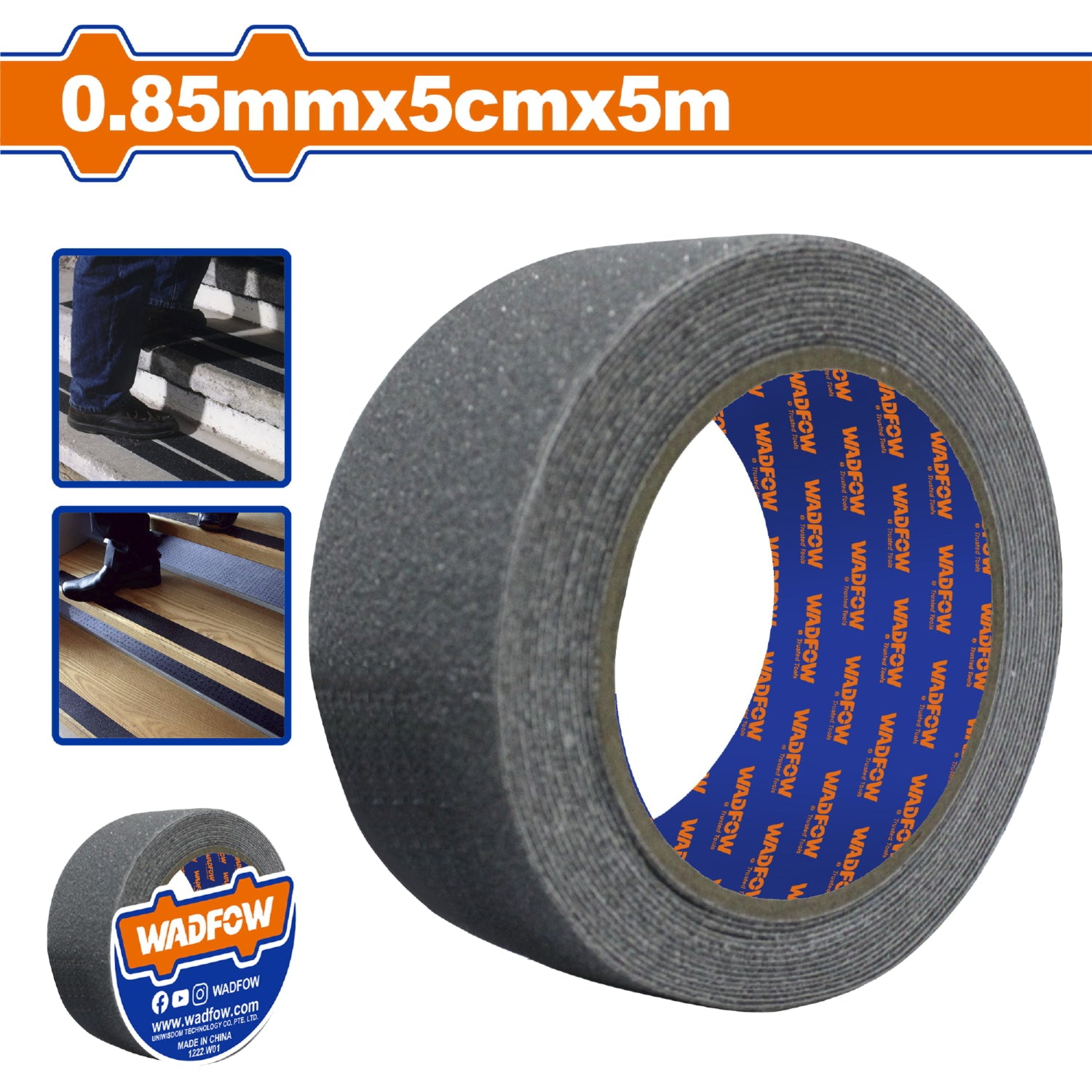 Cinta antideslizante de seguridad de PVC 0.85mm*5cm*5m. Fuerte adherencia. Ideal para escalones. Tape antiresbalante