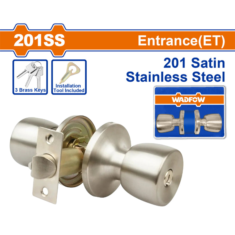 Cerradura pomo de puerta entrada (ET) llave 65mm acero inoxidable 201. Pomo tubular. 3 llaves.