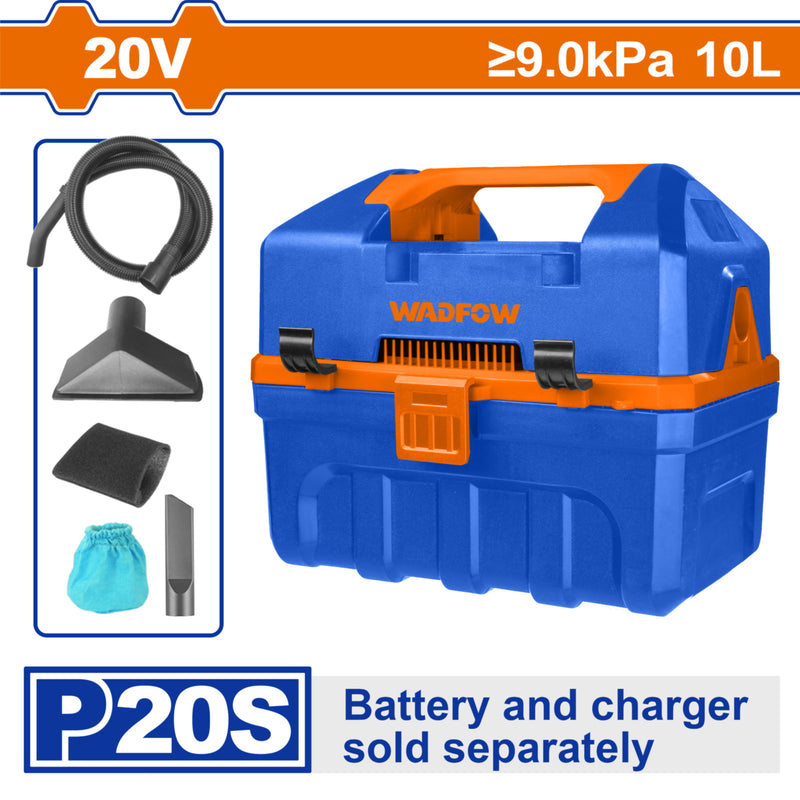 Aspiradora Inalámbrica 10L 20V Succión ≥9.0 kPa Incluye accesorios. Batería y cargador por separado.