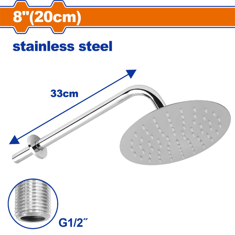 Ducha regadera redonda 8" acero inoxidable 33cm largo. Entrada G1/2" Cabezal de ducha. SET