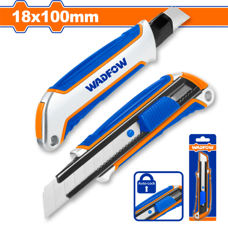 Exacto de Aluminio. 18x100mm. Bloqueo Automático. Con Pulsador Plano. 1 Hoja. Cuchilla.