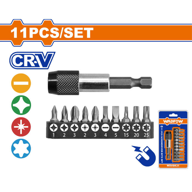 Puntas de destornillador con adaptador PH, SL, PZ, T. Cr-V Magnético Adaptador Set 11 pzas.