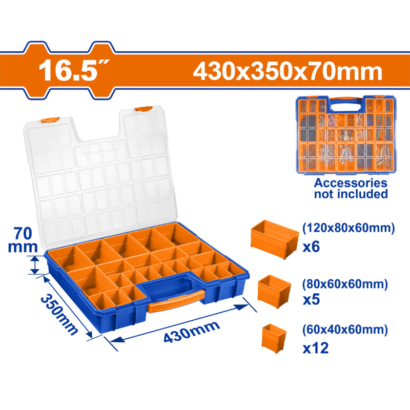 Organizador Plástico 16.5" 430x350x70mm. Asa Incorporada. Compartimiento Extraible. Estuche plástico.