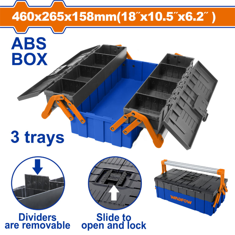 Caja de herramientas plástica 30Kg 18"x10.5"x6.2" con 3 bandejas, manija de acero y divisores.