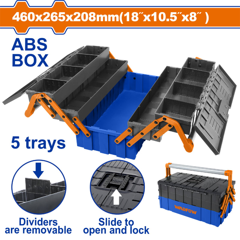 Caja de herramientas plástica 35Kg 18"x10.5"x8" con 5 bandejas, manija de acero y divisores.