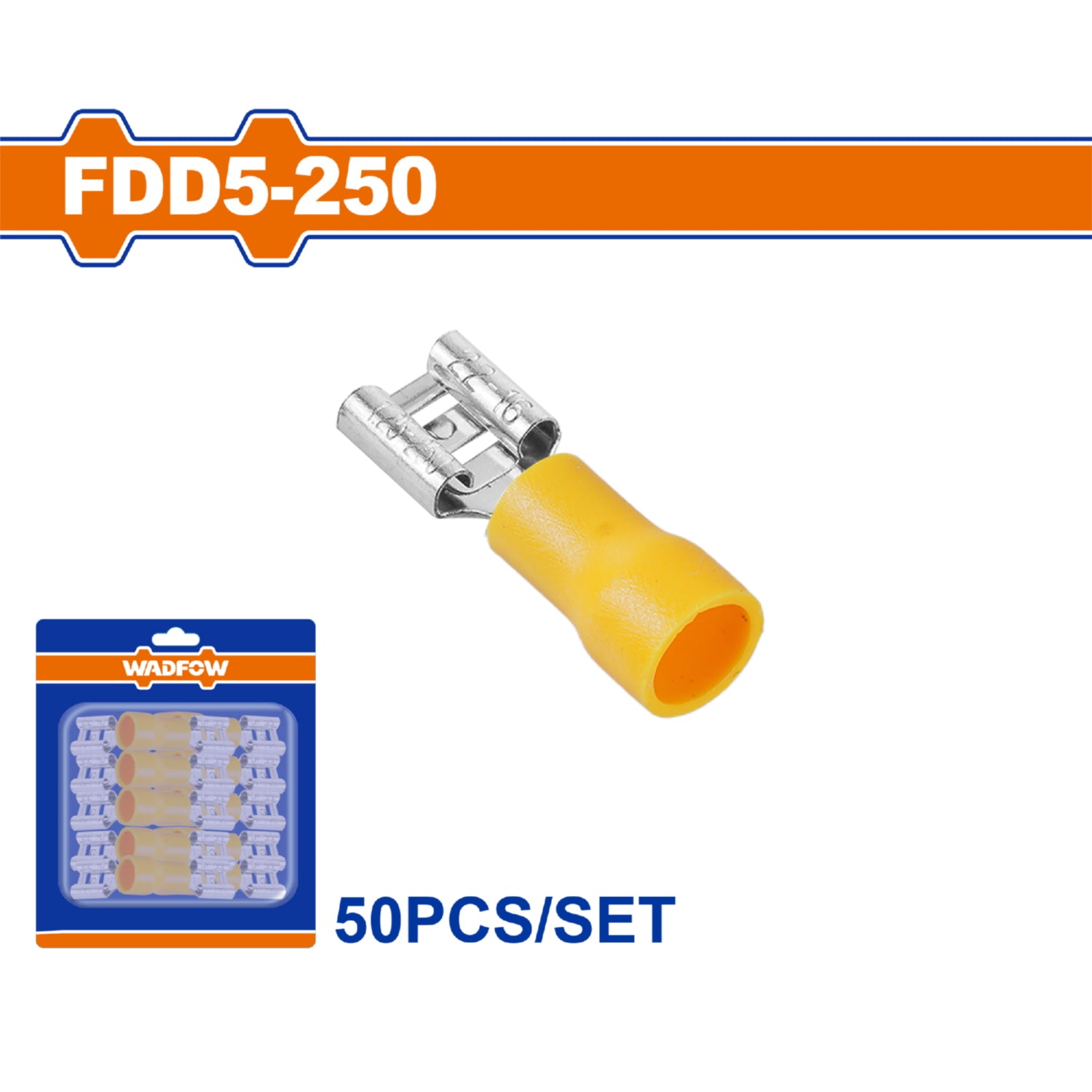 Terminales conectores para cables eléctricos FDD5-250 Set 50 pzas Color amarillo Crimpado eléctrico.