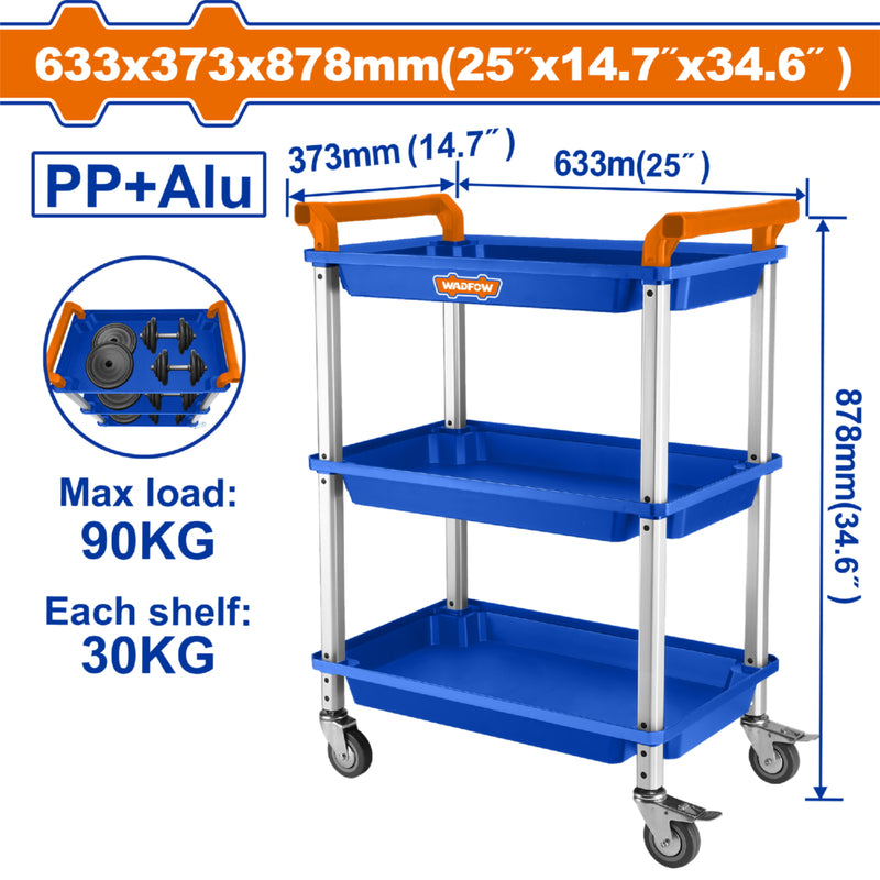 Carrito de servicio Herramientas 90Kg con Ruedas y 3 Bandejas 30Kg 25"x14.7"x34.6" Trolley Carro de Servicio