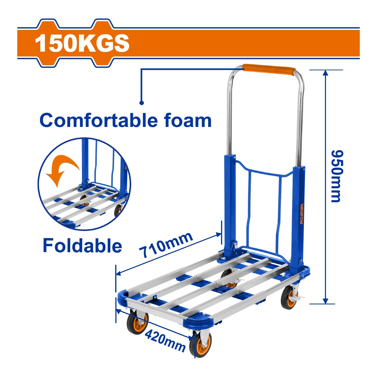 Carretilla de plataforma plegable 300 Kg. Mango de acero con espuma ergonómica. Carreton con Ruedas trolley