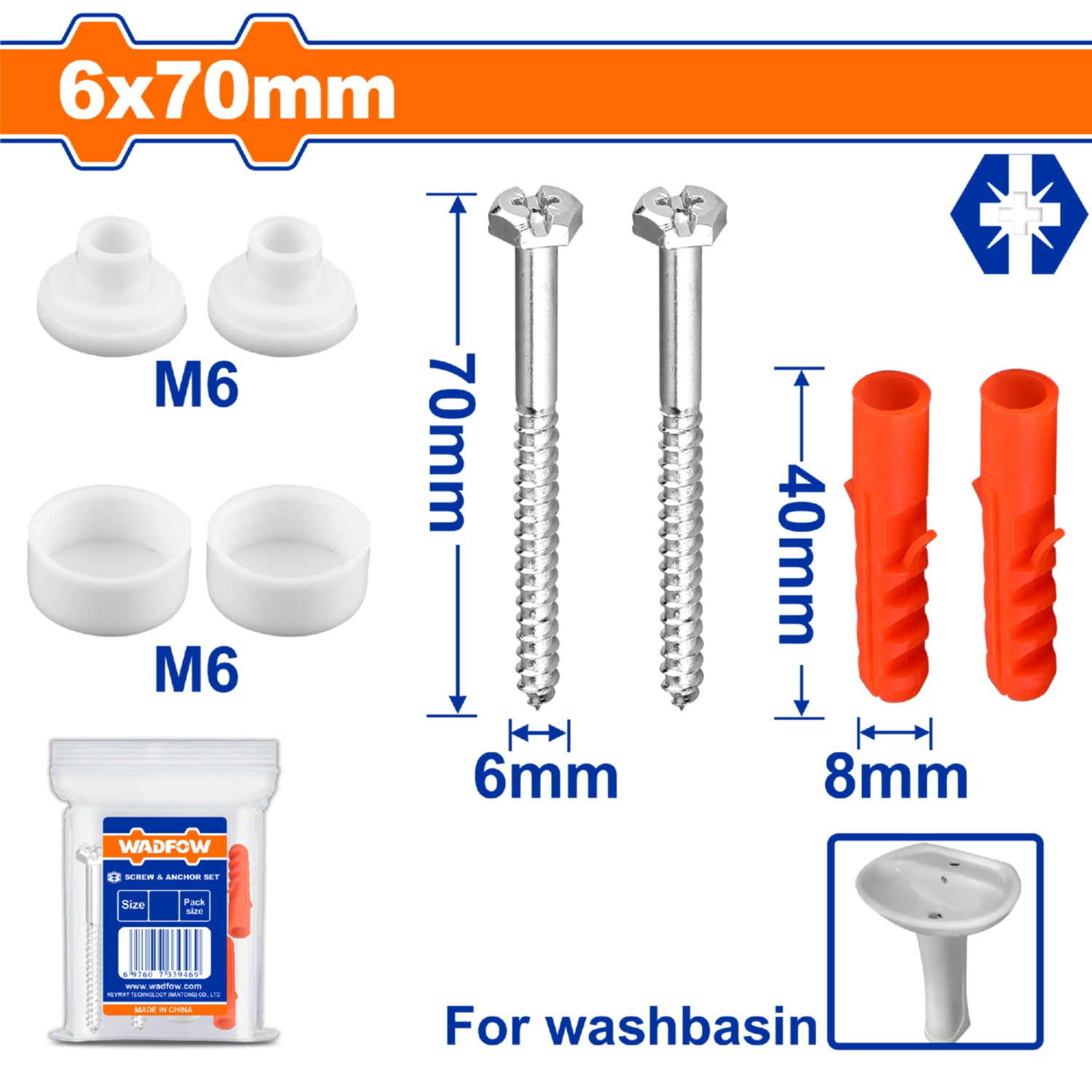 Tornillos DIN571 6x70mm para lavamanos Tacos de plástico 8x40mm y arandelas. Galvanizado. SET