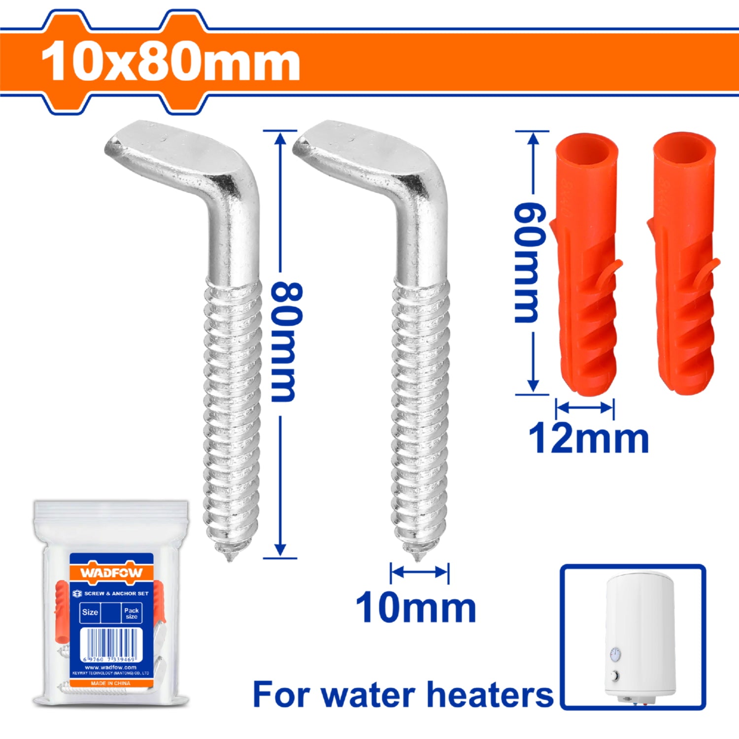 Tornillos Tipo L 10x80mm para calentadores de agua y Anclajes 12x60mm. Acero Galvanizado. Set 4 piezas.