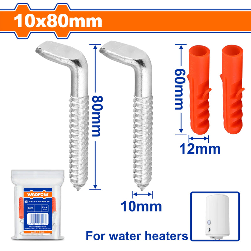 Tornillos Tipo L 10x80mm para calentadores de agua y Anclajes 12x60mm. Acero Galvanizado. Set 4 piezas.