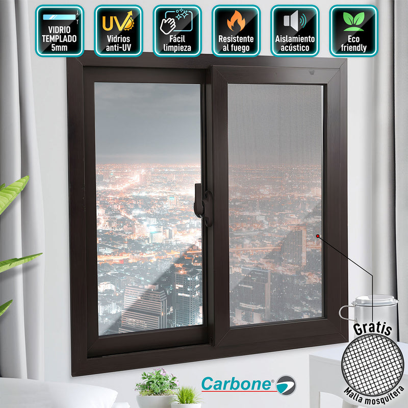 Ventana Corredera UPVC Marrón 120x120cm Anti UV  Vidrio de seguridad Templado 5mm (5 años de Garantía) Incluye malla mosquitera y Kit de ventana Francesa