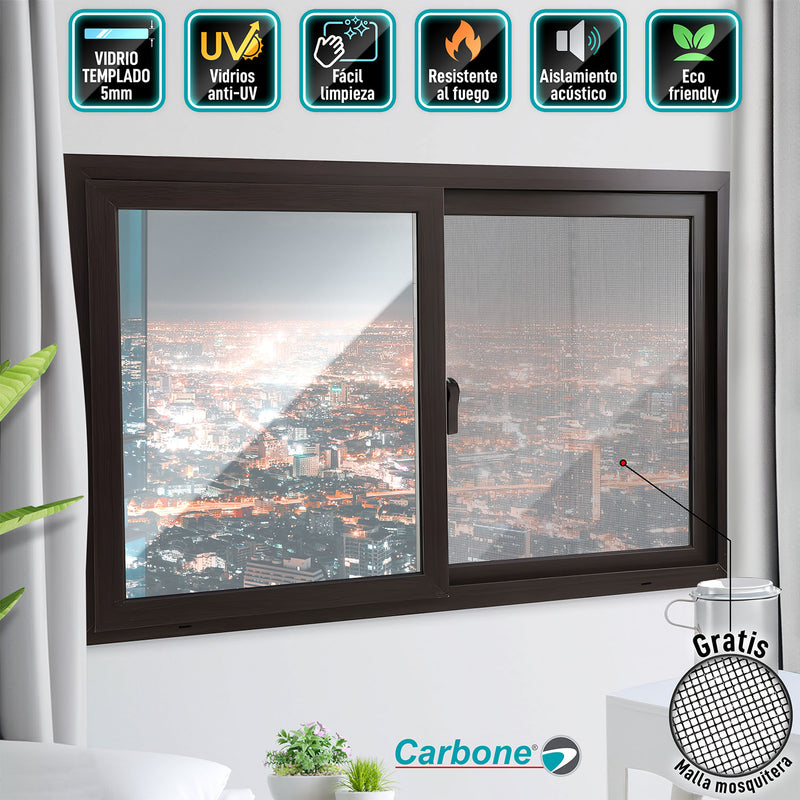 Ventana Corredera UPVC Marrón 90x90cm Anti UV  Vidrio de seguridad Templado 5mm (5 años de Garantía) Incluye malla mosquitera y Kit de ventana Francesa