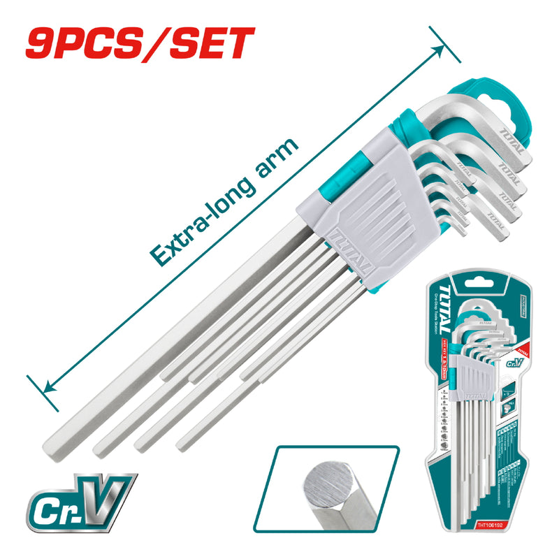 Juego 9pza de llave allen Cr-V.1.5-10mm brazos extra largos.