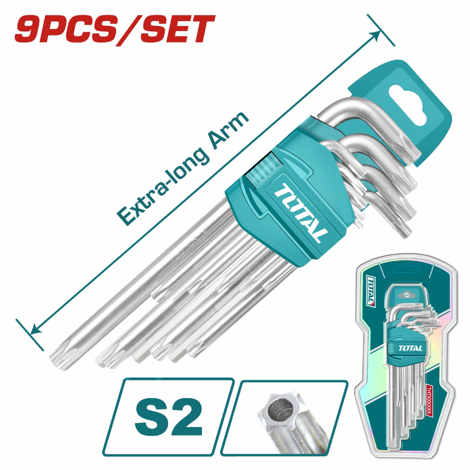 Juego de llaves Torx de brazo extra largo de 9 piezas. Medidas: T10-T50. Material: Cr-V,