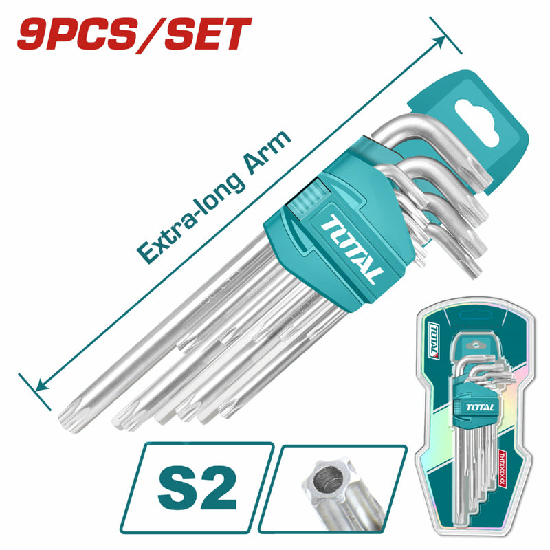Juego de llaves Torx de brazo extra largo de 9 piezas. Medidas: T10-T50. Material: Cr-V,