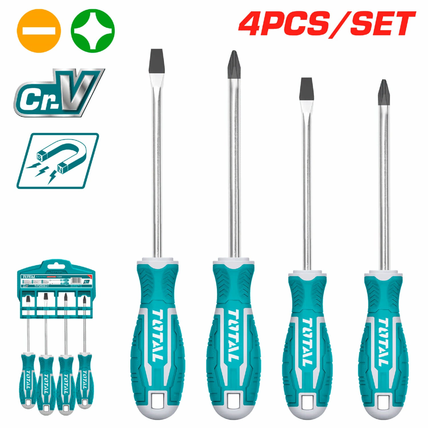 Juego de destornilladores de 4 pcs. CR-V. Blíster. Incluye sostenedor de plástico.