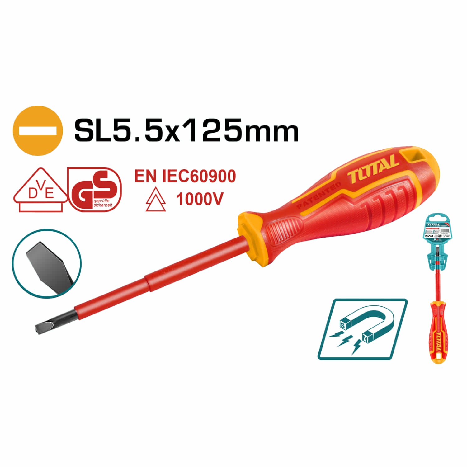 Destornillador insulado de paleta 5.5 mm. Largo 125 mm. Cr-V. 1000volts. Certificado VDE