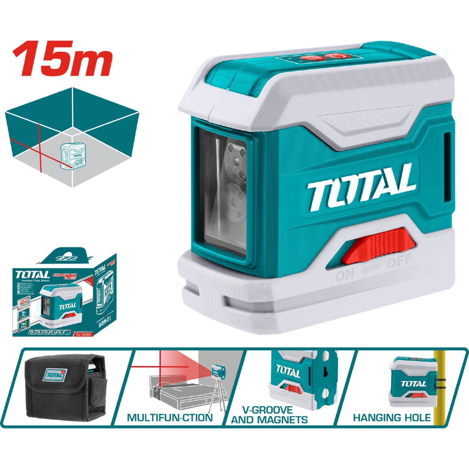 Laser de Linea Autonivelante. Rango de trabajo: 0-15 m. Precisión de línea: ± 1.5 mm a 5 m.