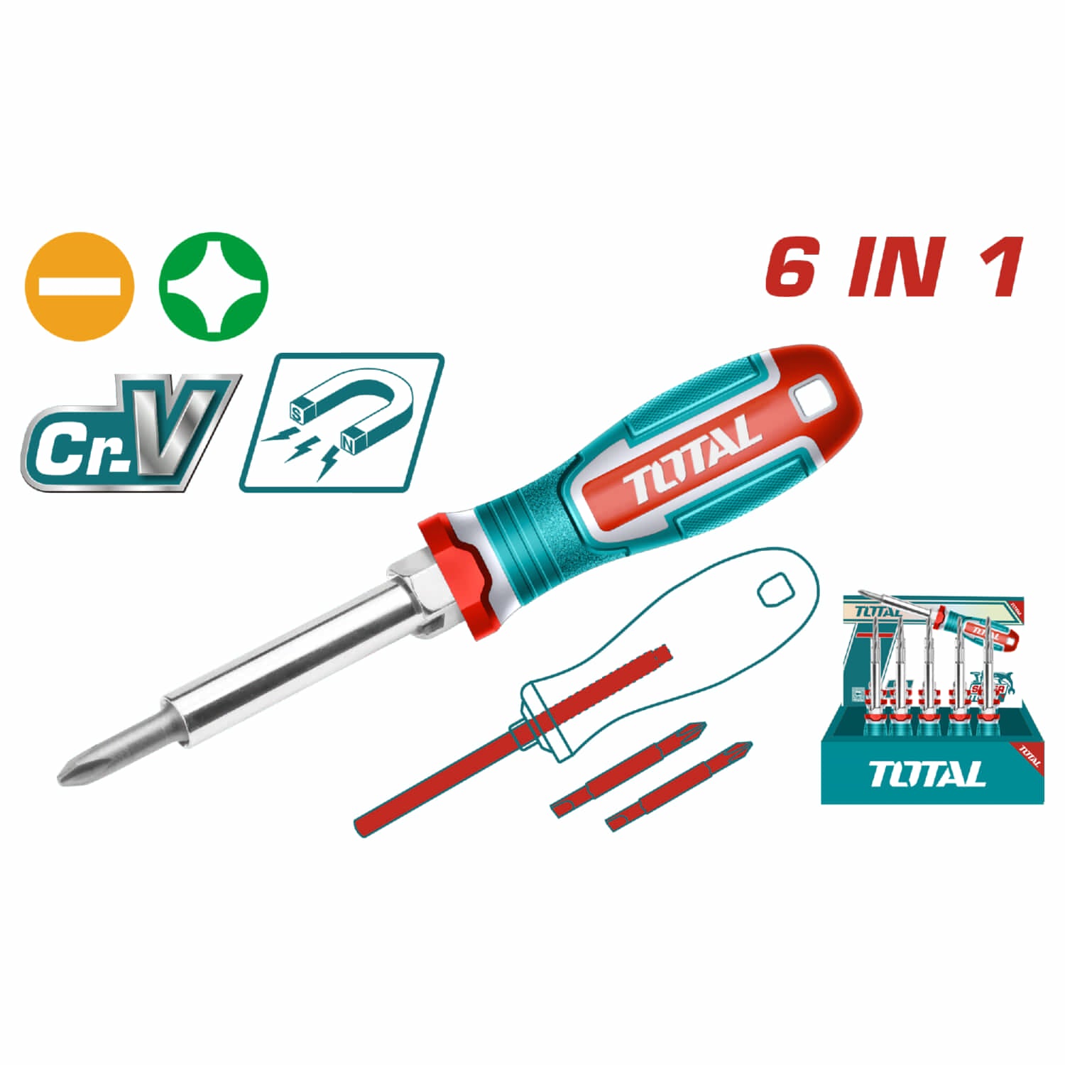 Juego Destornillador punt 6en1 CR-V 2punt 2 vias 6.35*65mm,PH1+SL5 8.00*75mm,PH2+SL6 2 socket:6,8mm