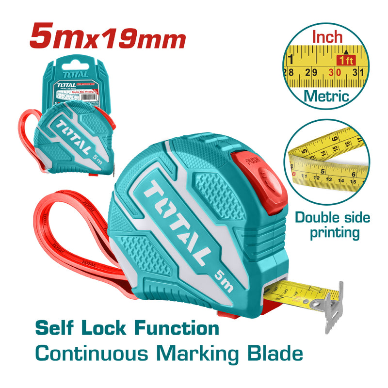 Cinta Métrica de Acero de 5 m X 19mm. Metros/Pulgadas. Con doble botón de autobloqueo.
