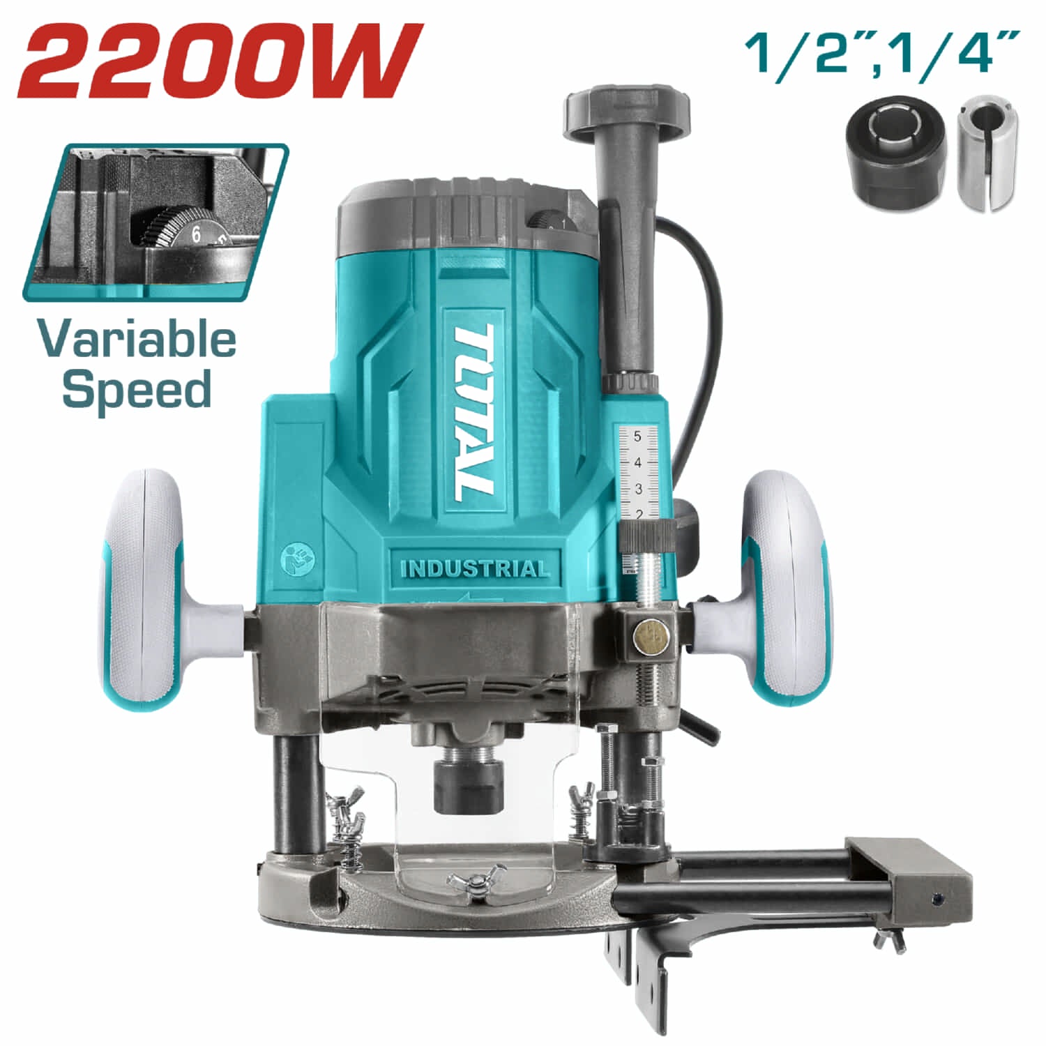 Router 2200W, 110-120V~60Hz. Para espárragos de 1/4" - 1/2". Velocidad variable 9000-23000rpm.