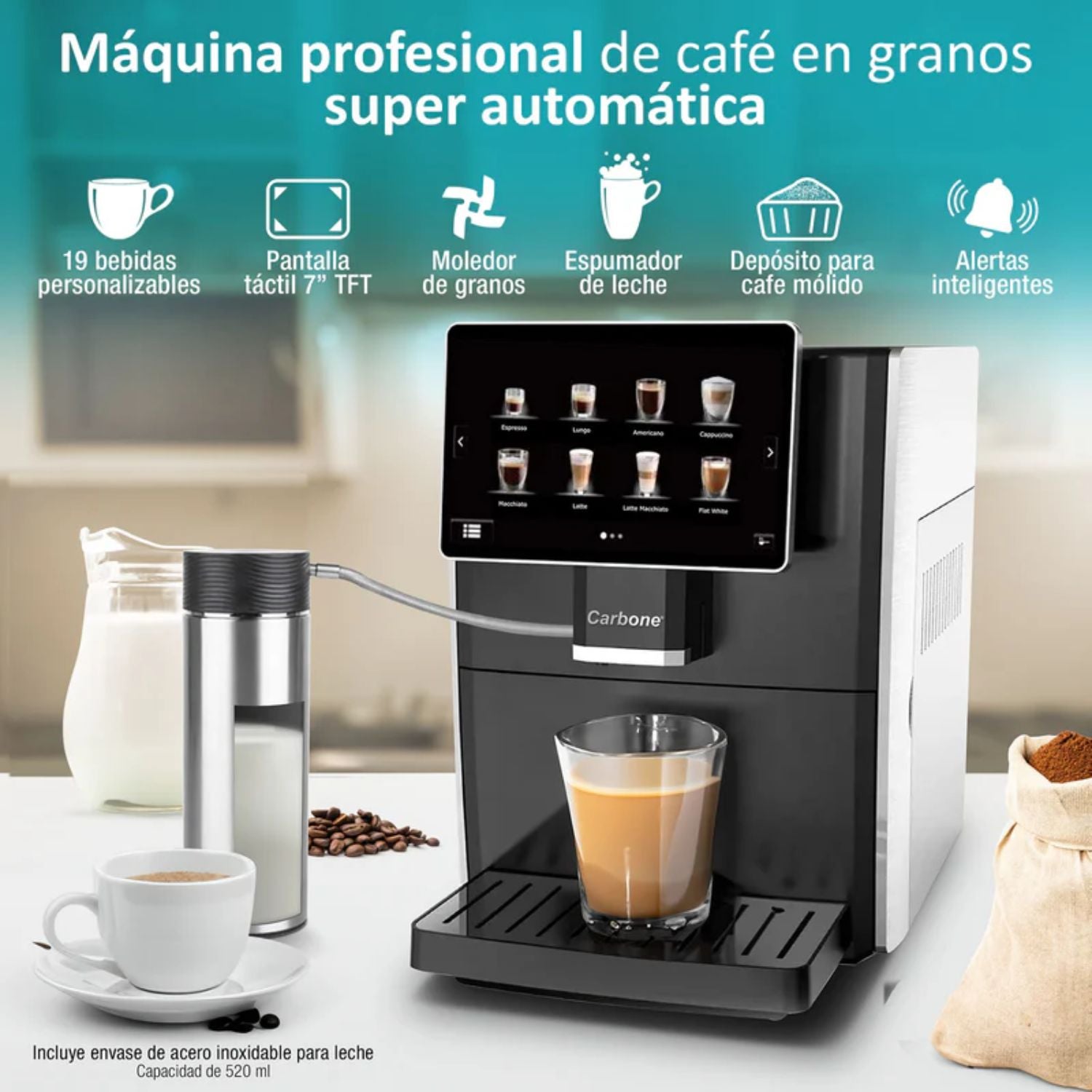 Máquina de Cafe Automática Granos y polvo 19 Bar Pantalla táctil 7" contenedor de leche expreso capuchino latte machiato