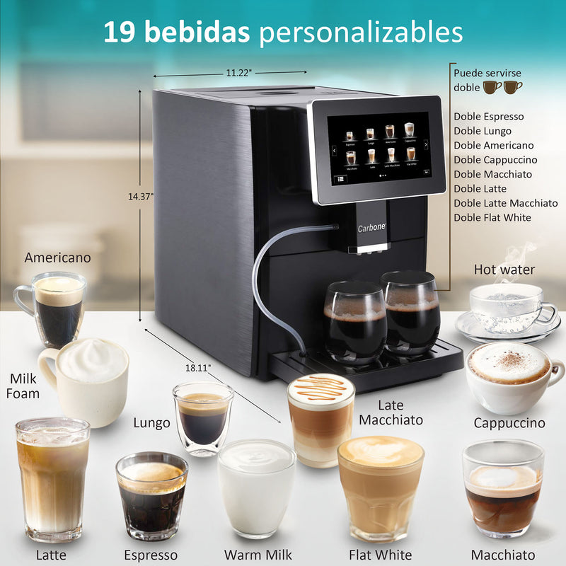 Máquina de Cafe Automática Granos y polvo 19 Bar Pantalla táctil 7" contenedor de leche expreso capuchino latte machiato