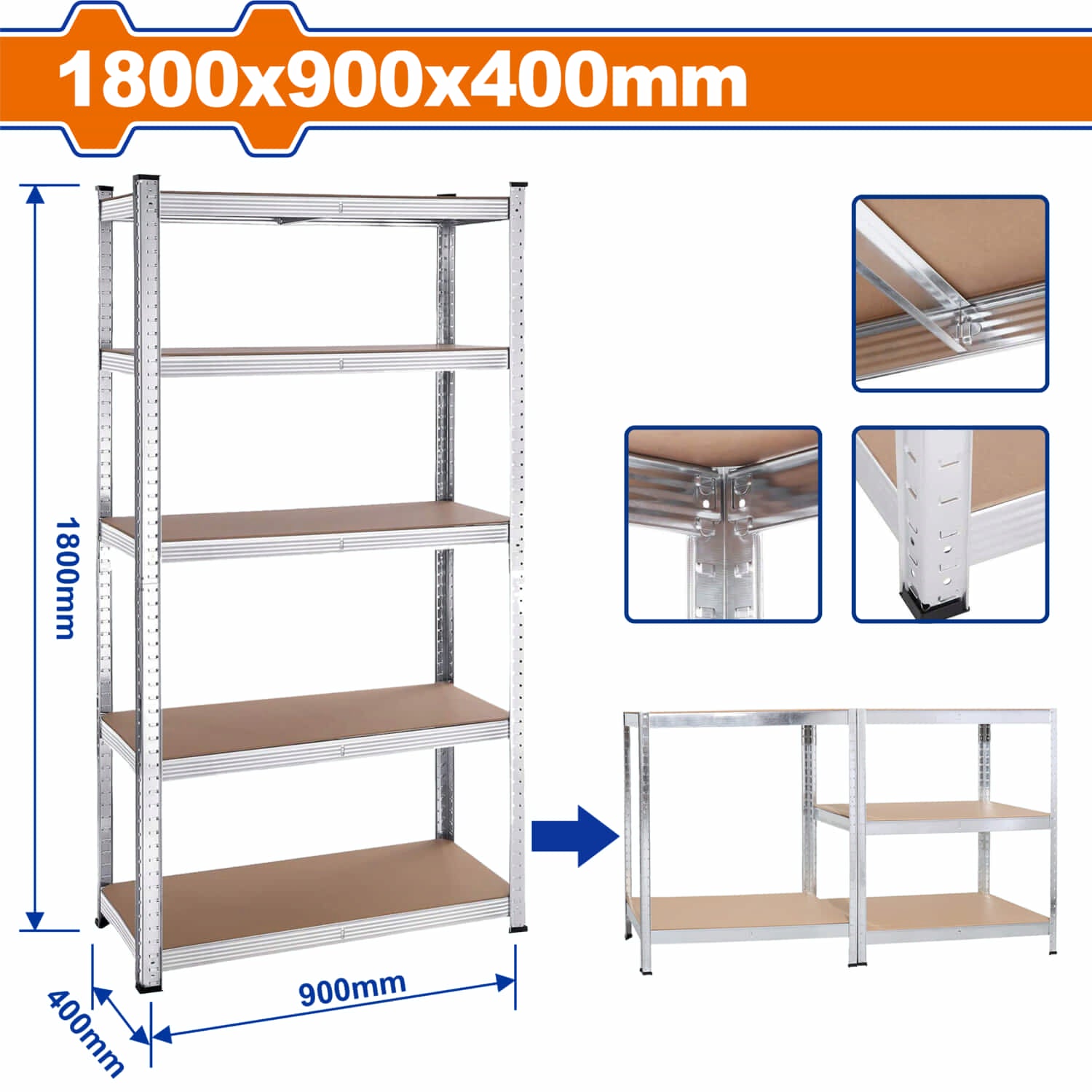 Estante de almacenamiento ajustable 5 niveles. 1800x900x400mm. Carga:175Kg. Acero MDF. estanteria Arma rapido rack de repisas