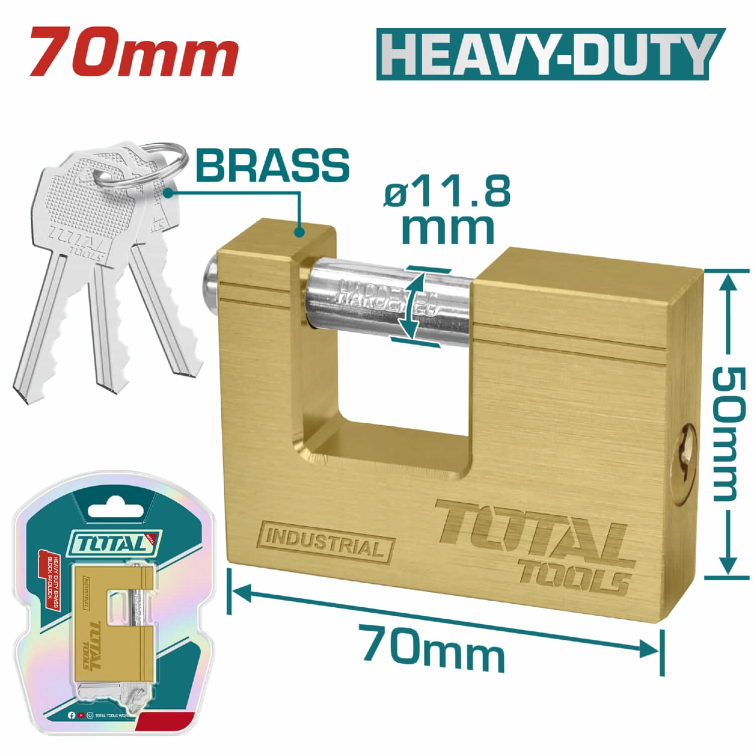 Candado bronce rectangular HeavyDuty. 70 mm. 411 g. con 3 llaves. Misma calidad que Yale