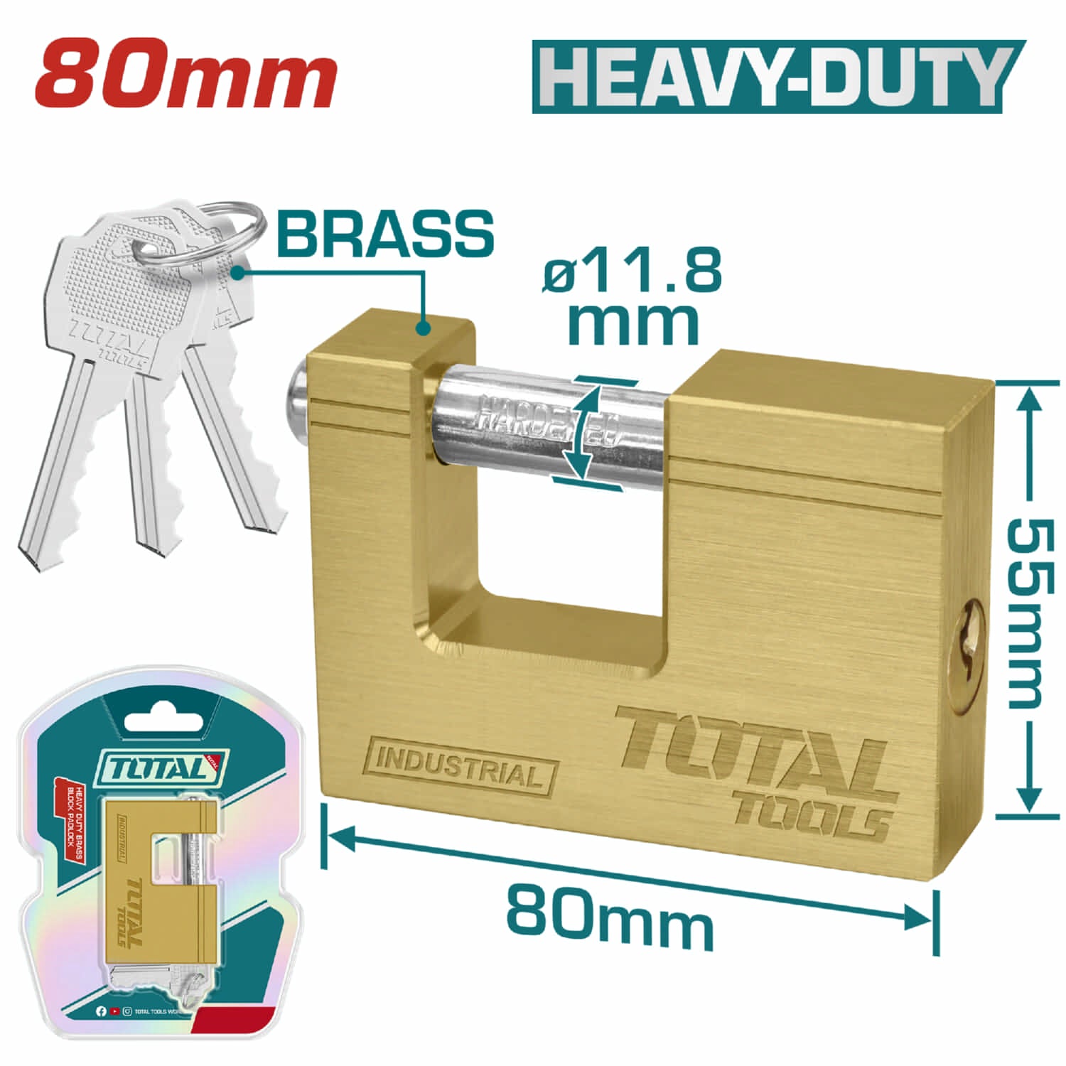 Candado bronce rectangular HeavyDuty. 80 mm. 568 g. con 3 llaves. Misma calidad que Yale