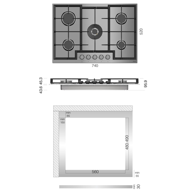 Estufa Empotrable 76 cm BL 5 Quemadores SABAF + Wok 5kW, Acero Inoxidable, 110V