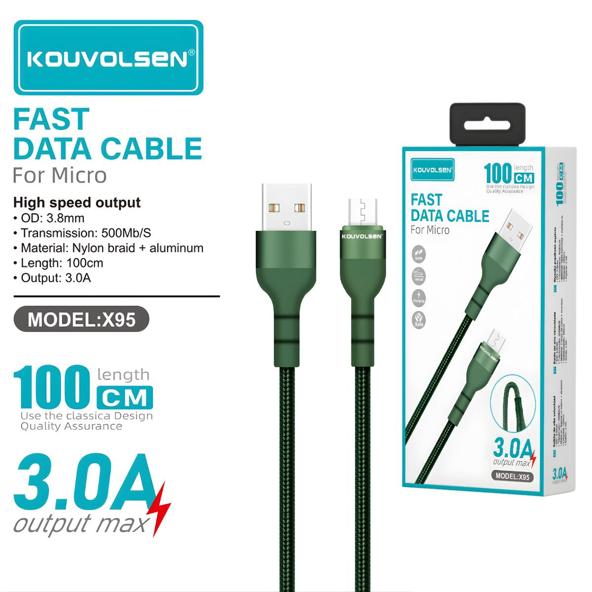 Cable USB A Micro USB De Carga Rápida 3.0A Y Transferencia De Datos. Color Verde. Longitud De 1 Metro.